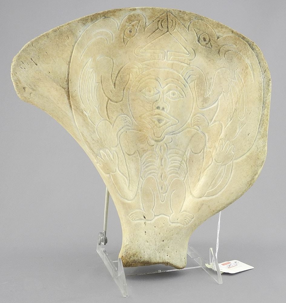 Northwest Coast-Style Carved Scapula with Shaman Figure, 10 1/8"h, Monogrammed REJ.: Northwest Coast-Style Carved Scapula with Shaman Figure, 10 1/8"h, Monogrammed REJ.