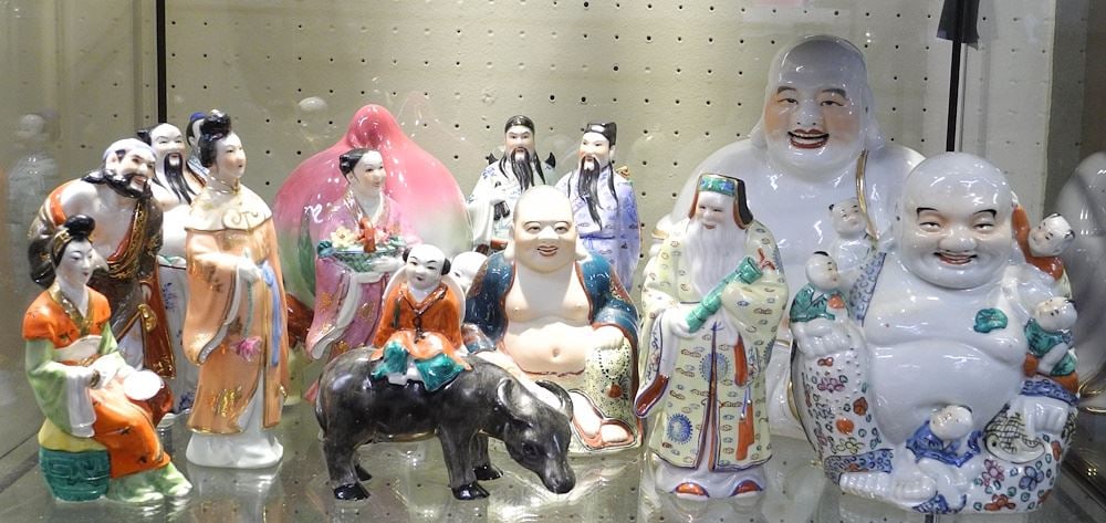 Collection of Chinese Porcelain Buddha Figures: Longevity Peach & Other Figures, 6 1/8-10 1/: Collection of Chinese Porcelain Buddha Figures: Longevity Peach & Other Figures, 6 1/8-10 1/