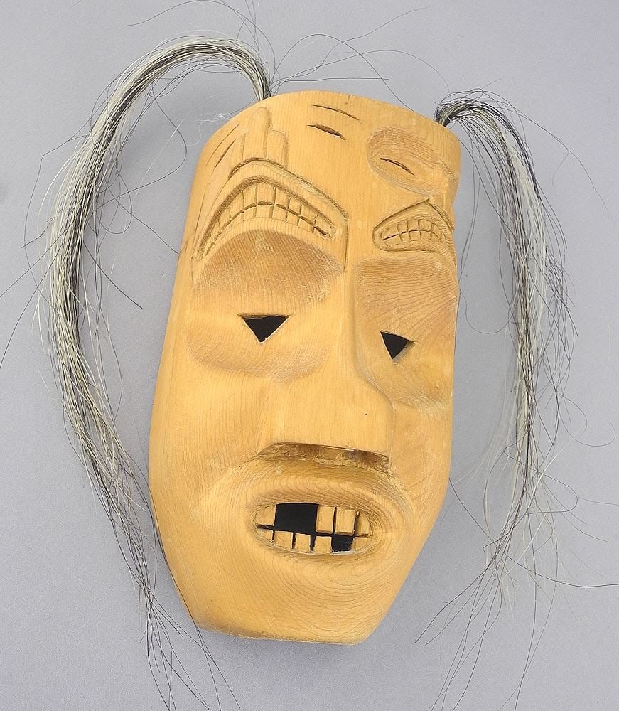 Miniature Northwest Coast "Shaman Transforming" Mask signed Indistinctly.: Miniature Northwest Coast "Shaman Transforming" Mask signed Indistinctly.