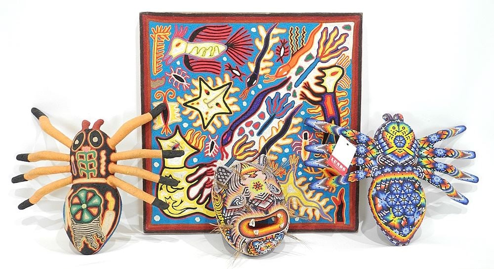 Four Huichol Beaded & Yarn Art Panel /Spider & Jaguar Figures, 13"w.: Four Huichol Beaded & Yarn Art Panel /Spider & Jaguar Figures, 13"w.