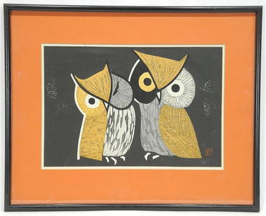 Woodblock Print signed Kaoru Kawano, 9 5/8" x 14 1/4", "Three Eyes".: Woodblock Print signed Kaoru Kawano, 9 5/8" x 14 1/4", "Three Eyes".