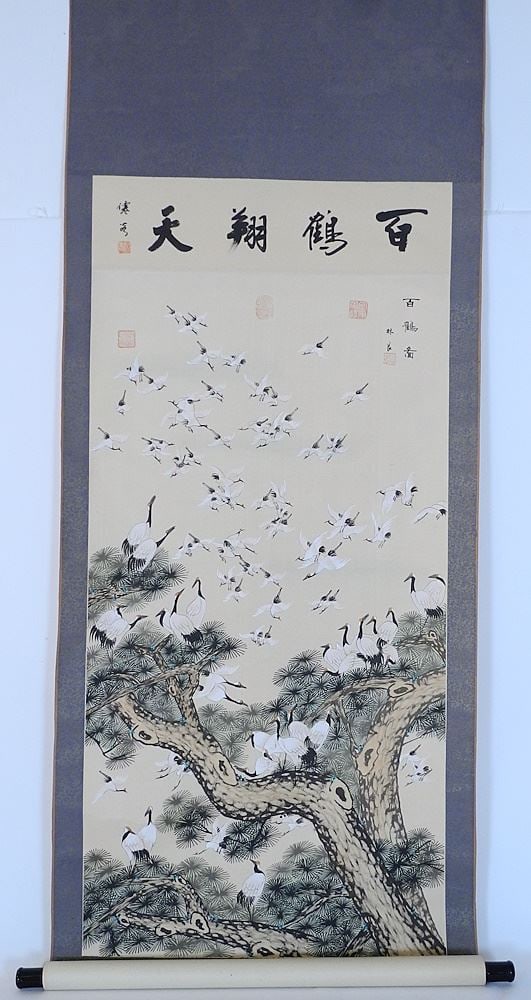 Chinese Ink & Colour Scroll Painting , Sight 49 1/2" x 22 3/4", "Cranes & Pine". (1 of 3)
