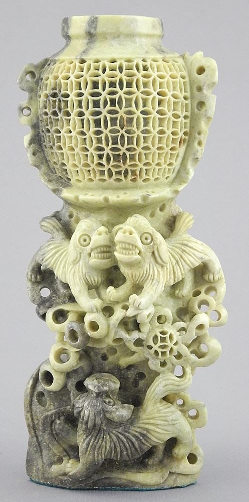 Chinese Finely Reticulated Softstone "3 Dogs" Carving, 7 7/8"h. (1 of 4)