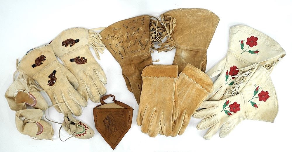 Four Pair of Beaded/Embroidered/ signed Plain Hide Gauntlets & Mitts, with Child's Booties. (1 of 4)