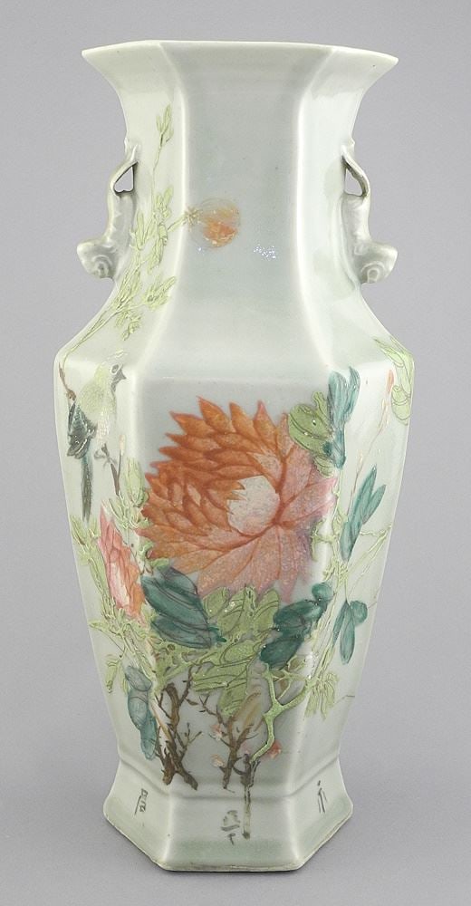 13" Chinese Enameled Celadon Calligraphy Vase with Red Overglaze, (cracks noted). (1 of 6)