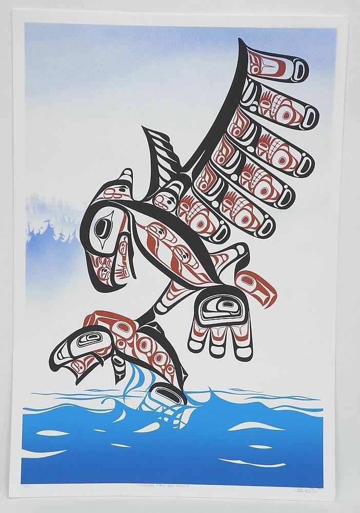 Tsimshian Serigraph signed Bill Helin'90, 22" x 15", "Tsimshian Eagle & Sockeye" #1/110.: Tsimshian Serigraph signed Bill Helin'90, 22" x 15", "Tsimshian Eagle & Sockeye" #1/110.