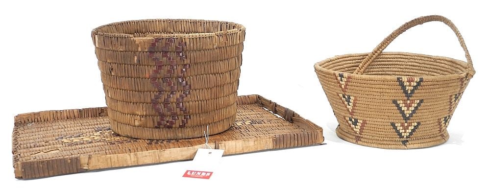 3 Salish Basketry Items: Tray (17"L , as found) / Damaged Handle / Round Basket (cond. noted) (1 of 3)