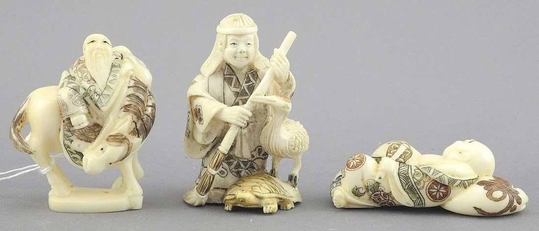 Three signed Japanese Netsuke, 1 7/8" - 2"h, NO EXPORT. (1 of 3)