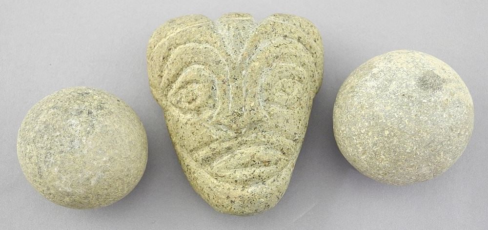 Northwest Coast Transformation Effigy Carving (2 1/2"h) & Two Stone Spheres. (1 of 2)