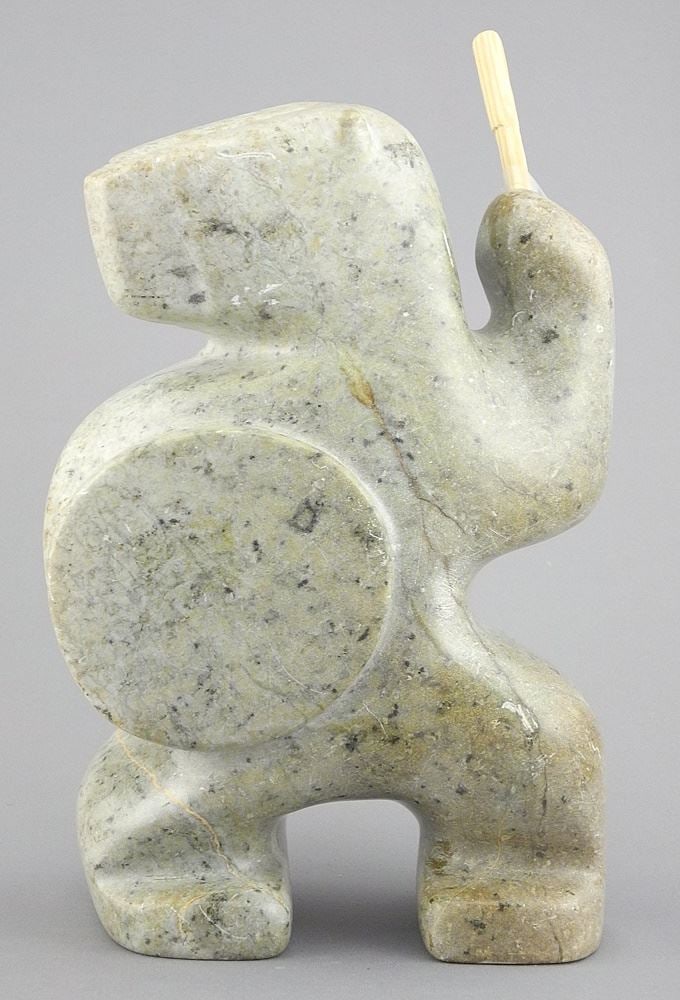 Inuit Stone Sculpture signed Joe Spence 2018, 8 1/4"h, "Bear Drum Dancer". (1 of 4)