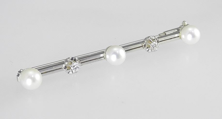 18K (marked 750) White Gold Diamond & Pearl Bar Brooch, 2 3/8"L, 5.5g. (1 of 3)