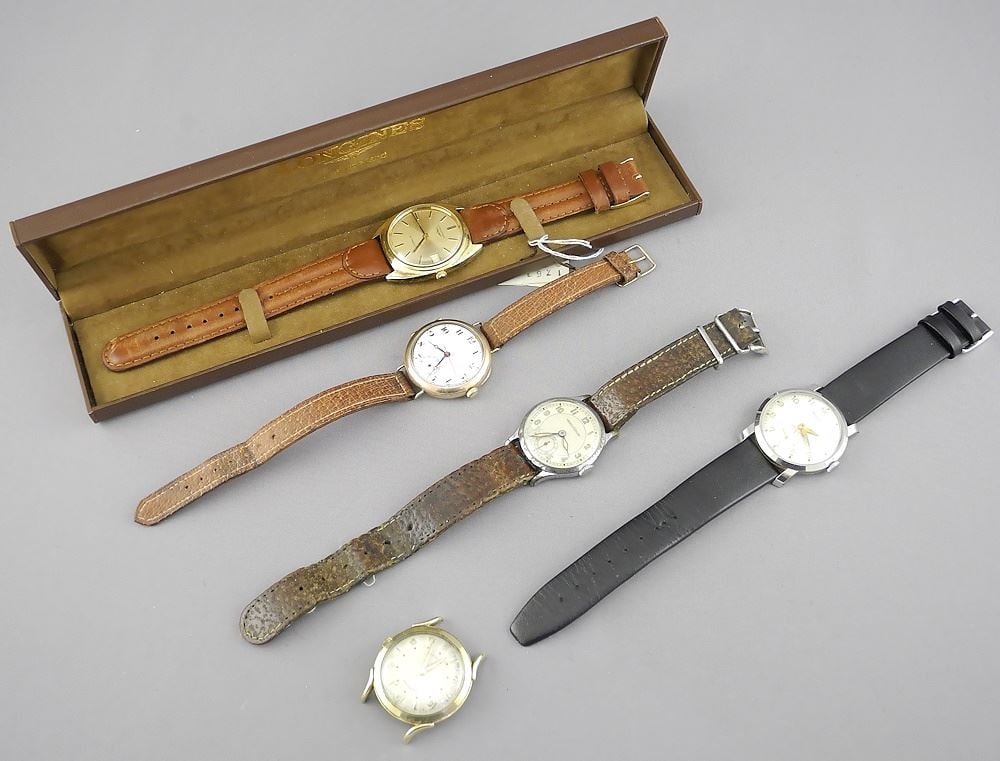 Five Gents Timepieces: Jaeger/ Longines/Hamilton/Resolute/9ct Quartz (all as is). (1 of 3)