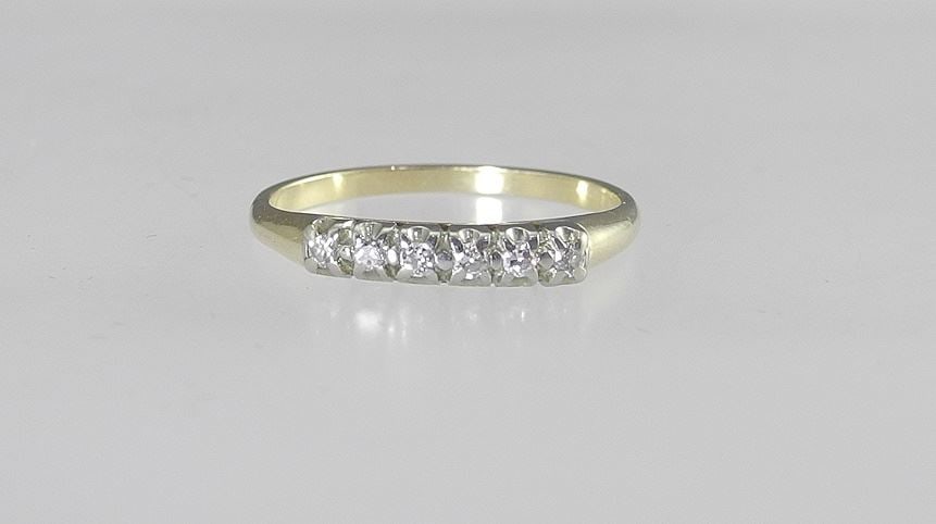 Unmarked Gold Tone Ring with Six Channel Set Diamonds, Size 9 1/4, 2.1g. (1 of 3)