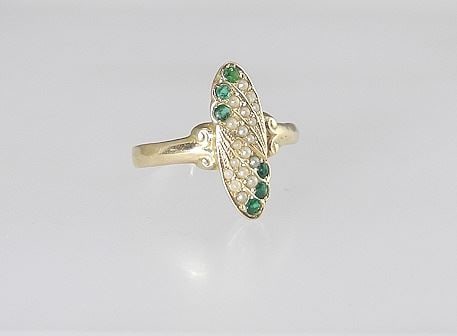 Unmarked Gold Tone Ring with Six Emeralds & Eighteen Pearls, Size 8 1 /4, 1.7g. (1 of 3)