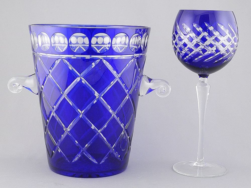 Bohemian Cobalt Overlay Wine Cooler & Single Goblet.: Bohemian Cobalt Overlay Wine Cooler & Single Goblet.