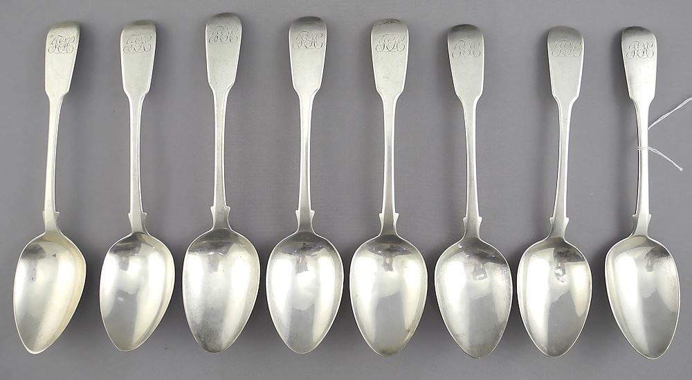 Eight Georgian Silver Spoons Monogrammed, 6 3/4"L, 248g. (1 of 3)