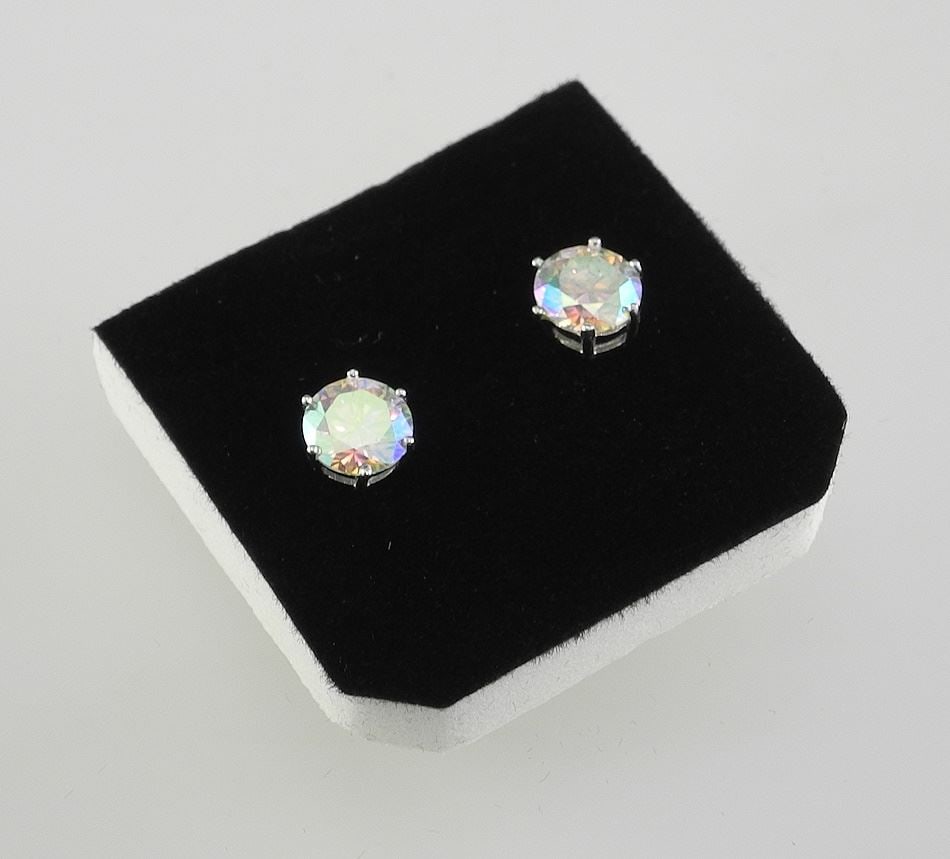2ct Aurora Moissanite Stud Earrings , Sterling with White Gold Overlay, with Cert. & Box.: 2ct Aurora Moissanite Stud Earrings , Sterling with White Gold Overlay, with Cert. & Box.
