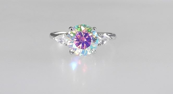 3ct Aurora Moissanite Trinity Ring, Size 7.5, Sterling with White Gold Overlay, with Cert. & Box. (1 of 5)