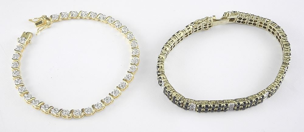 Two Gilt Sterling Silver (marked) Black Sapphire & Diamond Accent Bracelets, 7 1/4", 31.1g. (1 of 4)