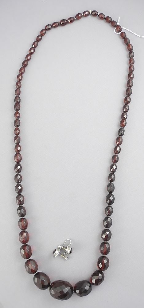 Cherry Bakelite Necklace (30"L) with Garnet & Silver Earrings.: Cherry Bakelite Necklace (30"L) with Garnet & Silver Earrings.