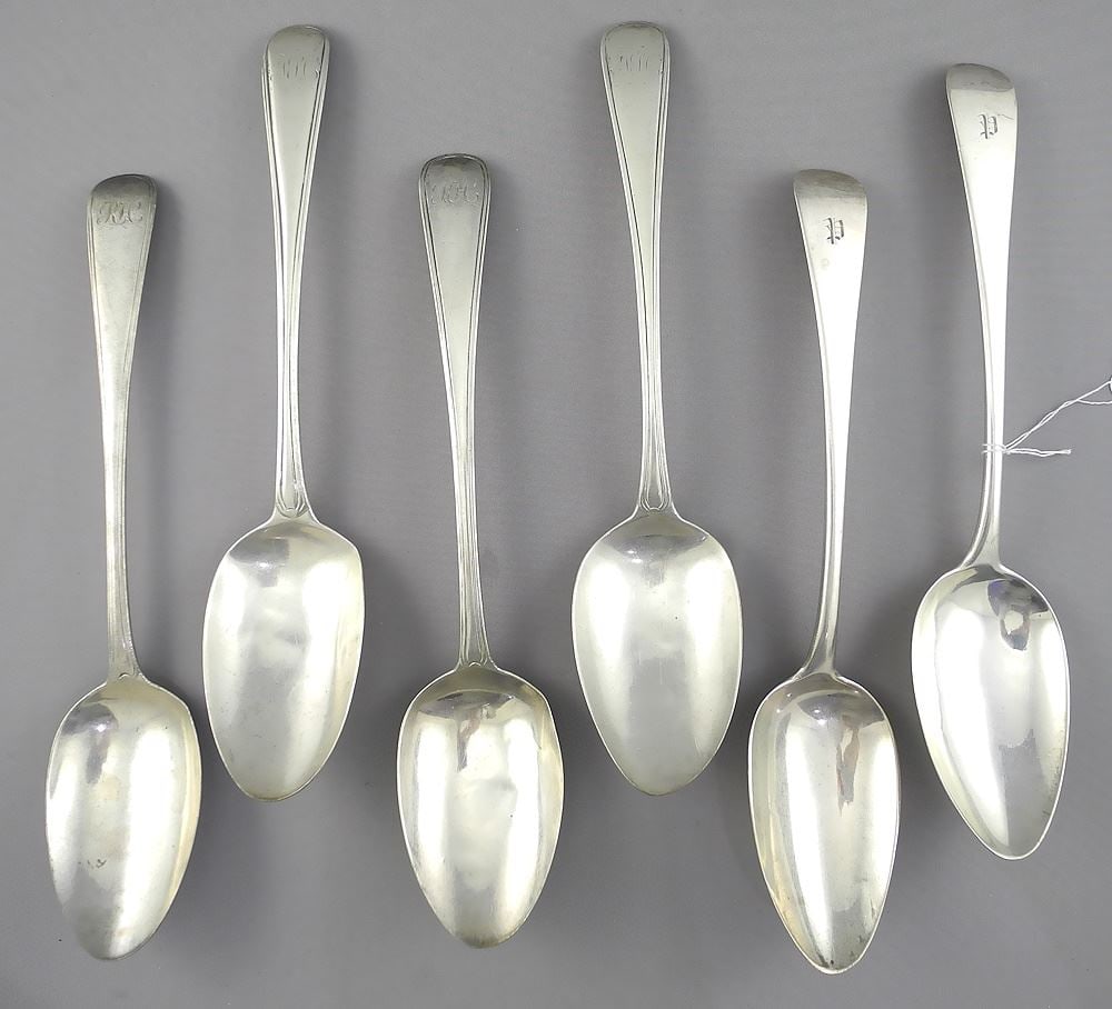 Six Various Georgian Silver Table Spoons, 9"L, 363g. (1 of 3)