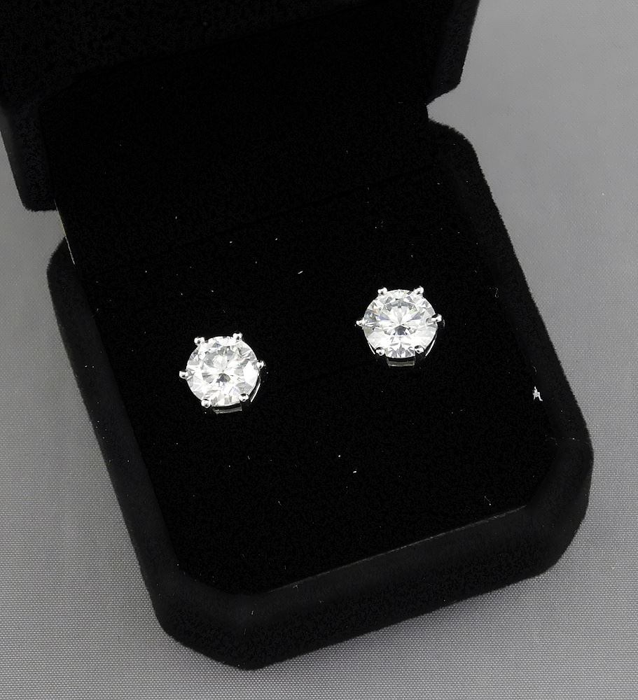 Pair of 2ct Moissanite Stud Earrings in .925 Sterling with White Gold Overlay.: Pair of 2ct Moissanite Stud Earrings in .925 Sterling with White Gold Overlay.
