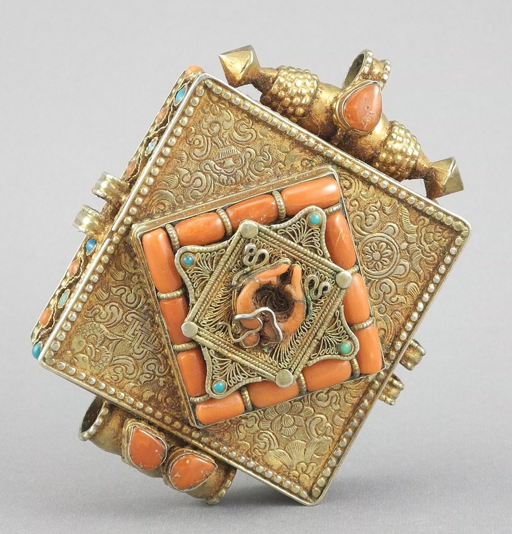 Tibetan Gilt Silver (925) Filigree & Coral Ghau Prayer Box, 3 1/8"h, 77 g. (1 of 6)
