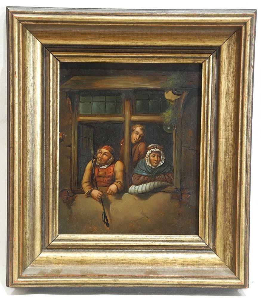 Oil on Tin German School 19th C., 8" x 6 1/2", "Forlorn Figures Gazing Out Window". (1 of 5)