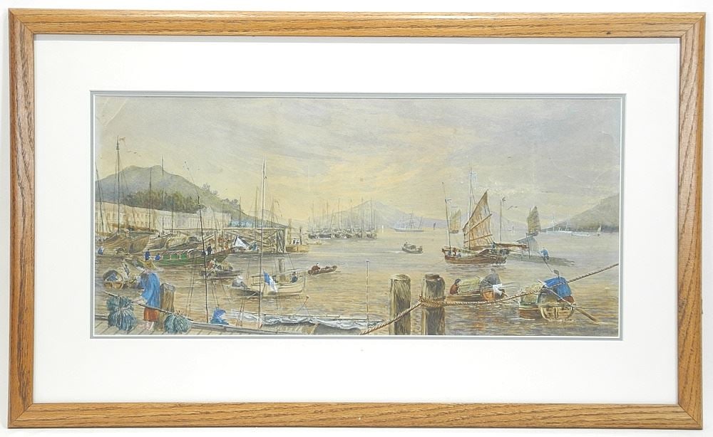 19th C. Unsigned Watercolour, 11 1/2 " x 25 1/2", "Antique View of Hong Kong Harbour". (1 of 9)