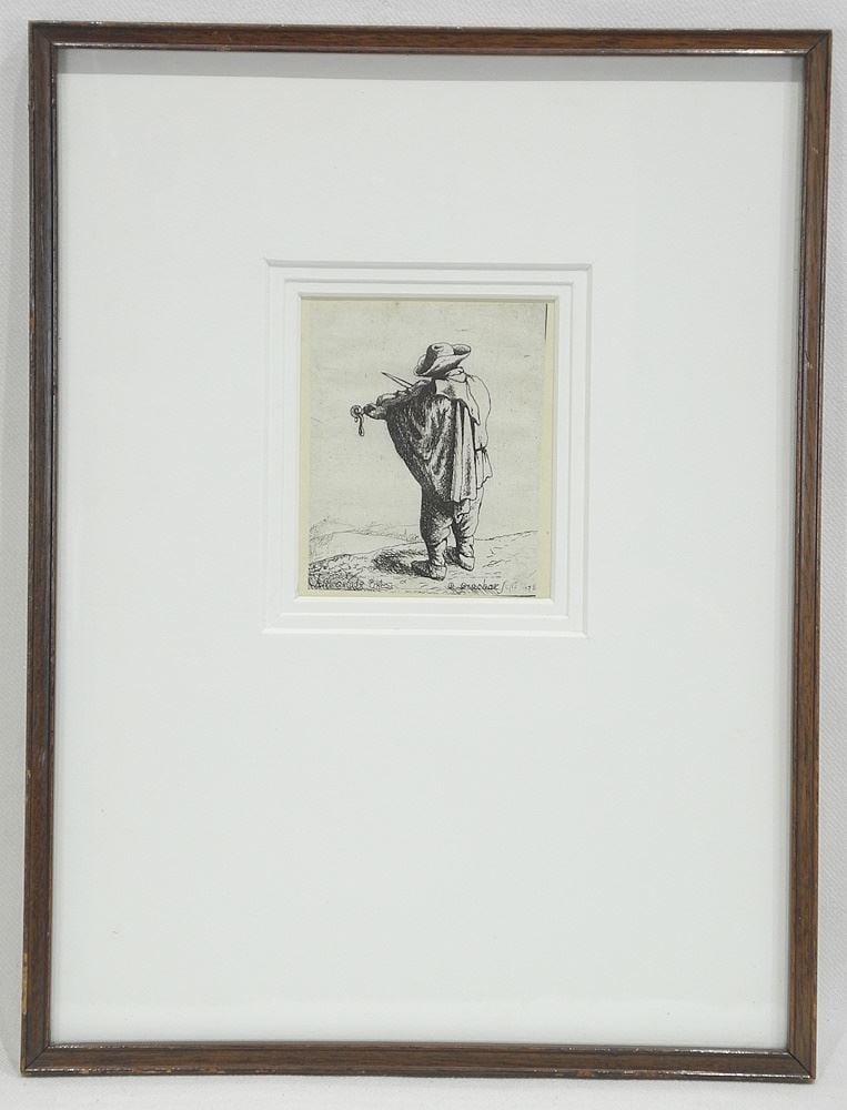 Etching by Deuchar After Van Ostade, 3 x 2 3/8", "Musician" (cropped, laid down).: Etching by Deuchar After Van Ostade, 3 x 2 3/8", "Musician" (cropped, laid down).