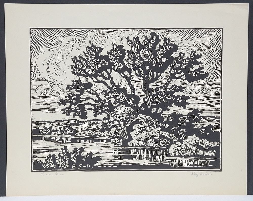 Woodblock Print signed (Sven) Birger Sandzen, 12 x 15", "Prairie Stream", Unframed. (1 of 5)