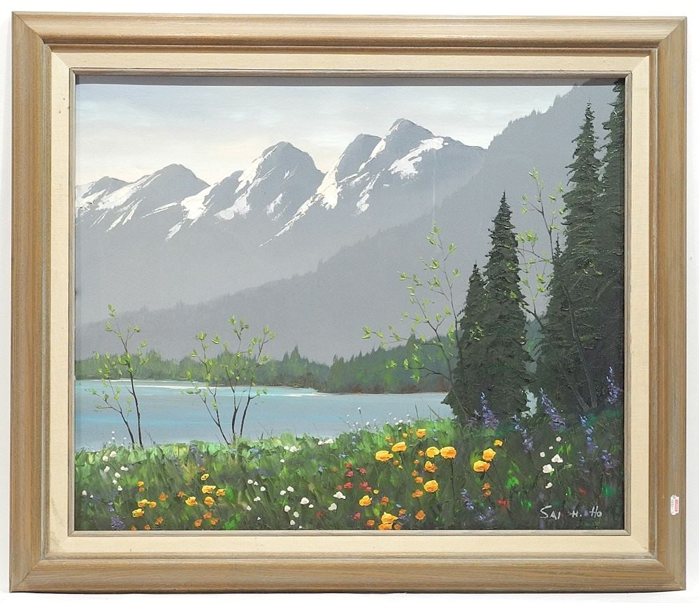 Oil on Canvas signed Sai Hoi Ho, 20 x 24", "Mountain Scape & Spring Flowers".: Oil on Canvas signed Sai Hoi Ho, 20 x 24", "Mountain Scape & Spring Flowers".