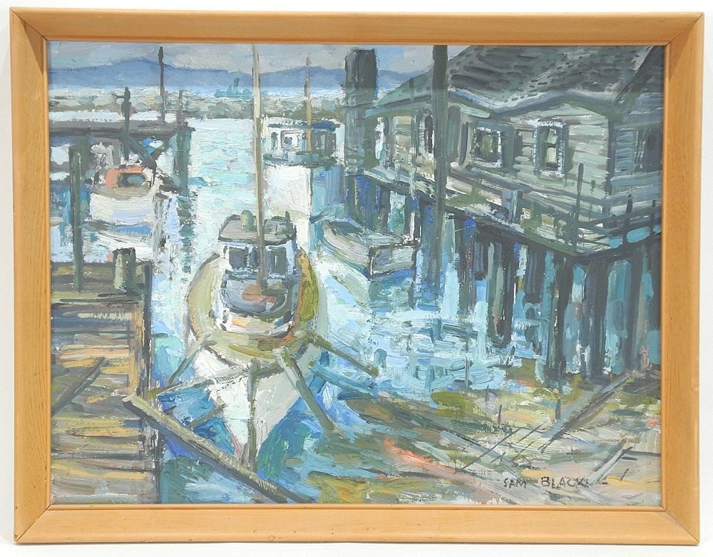 Oil on Board signed Sam Black, 12" x 16", "Steveston, BC.".: Oil on Board signed Sam Black, 12" x 16", "Steveston, BC.".