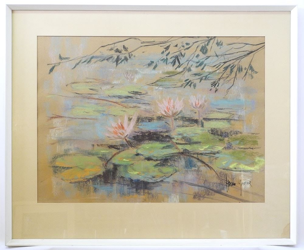 Pastel on Canvas signed Hasan Djaafar, 17" x 23", "Pond Lillies".: Pastel on Canvas signed Hasan Djaafar, 17" x 23", "Pond Lillies".