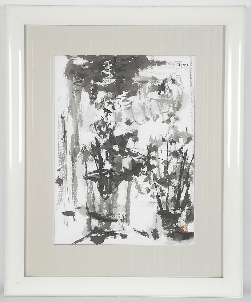Ink on Paper signed (Anthony) Thorn, 14 3/4" x 11", 'Interior with Plants'. (1 of 7)