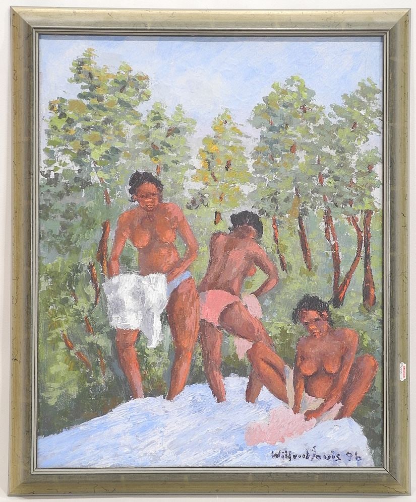 Oil on Canvas signed Wilfred Louis' 96, 19 3/8" x 15 3/8", "Haitian Women".: Oil on Canvas signed Wilfred Louis' 96, 19 3/8" x 15 3/8", "Haitian Women".