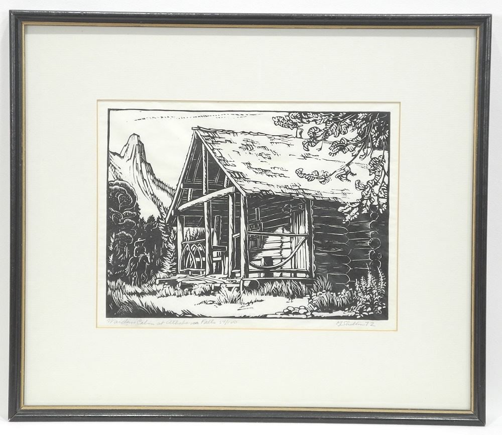 Woodblock Print signed M. (Margaret) Shelton'72, 8 x 10 1/2", "Warden's Cabin...". #59/100. (1 of 5)