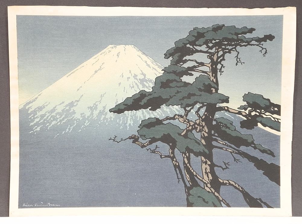 Woodblock Print signed Indistinctly, 11 1/4 x 15 3/8", "Mt. Fuji & Pine", Unframed.: Woodblock Print signed Indistinctly, 11 1/4 x 15 3/8", "Mt. Fuji & Pine", Unframed.