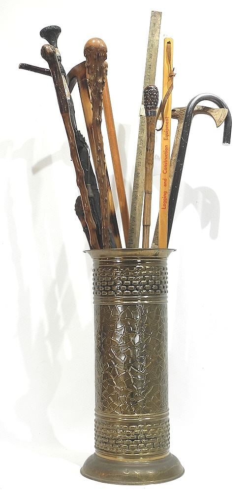Brass Floor Vase with Collection of Canes & Sticks.: Brass Floor Vase with Collection of Canes & Sticks.