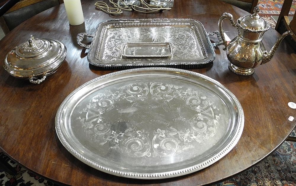 Two Silver Plated Trays (21 3/4 & 24"w), with Pot/Dish & Tray. (1 of 1)
