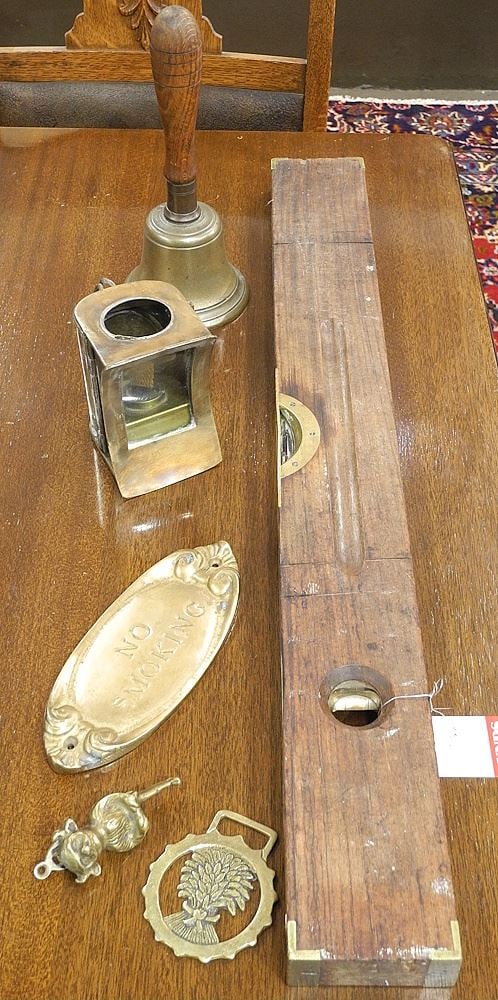 Collection of Brass Sundries Including School Bell & Rabone Spirit Level, 27"L. (1 of 2)