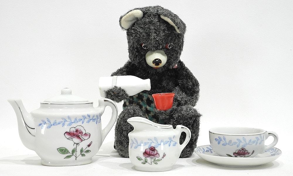 Child's Porcelain Tea Set with Original Box & Mechanical Bear, 7 1/4"h. (1 of 4)