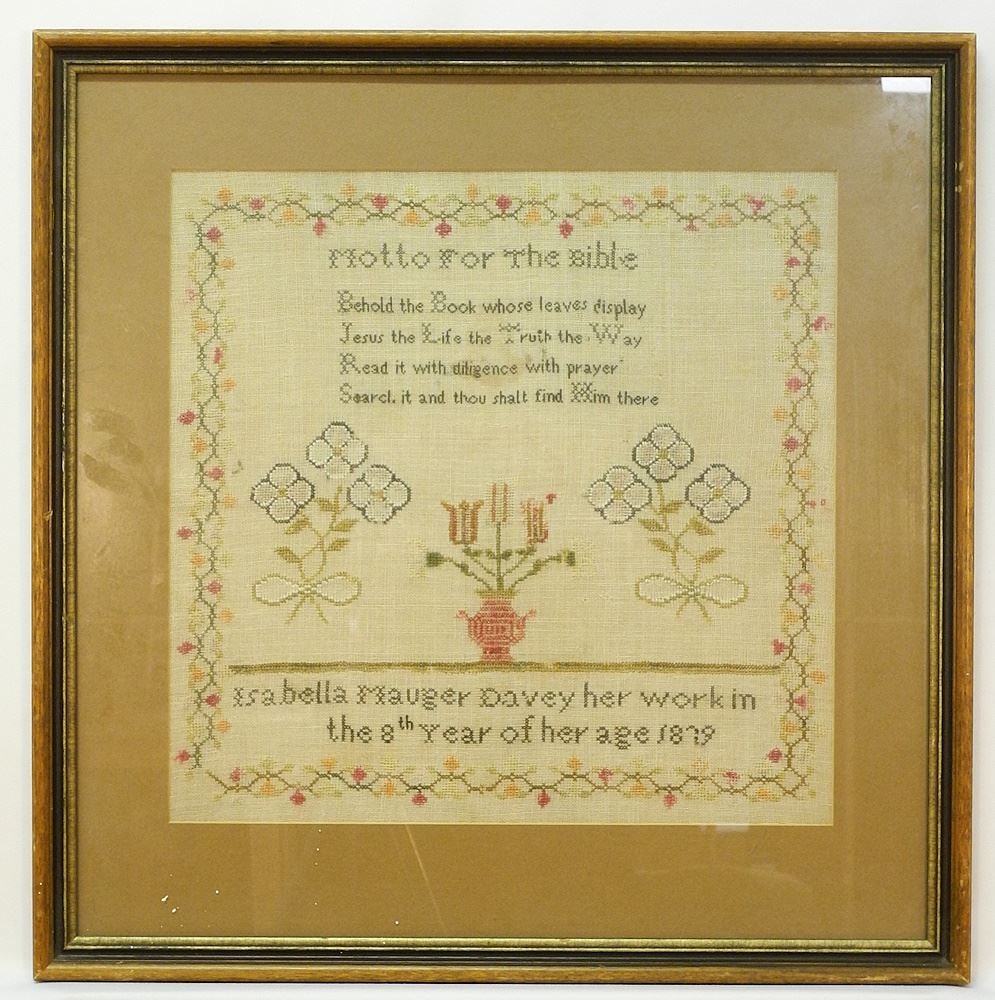 Needlework Sampler: Isabella Mauger Davey, 8th Year, 1879, 15 3/4" x 16" (1 of 2)