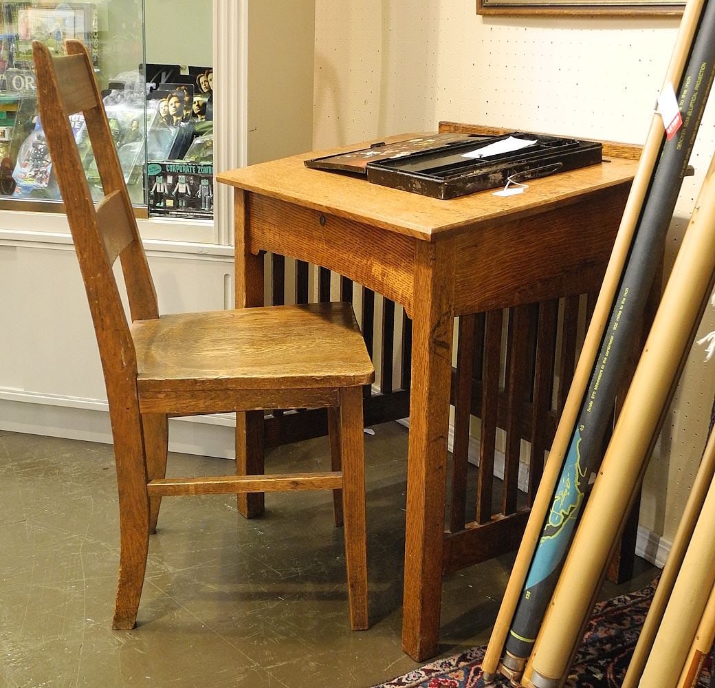 Early 20th C. Oak Slope Top Desk (30 1/2"h) & Similar Chair.: Early 20th C. Oak Slope Top Desk (30 1/2"h) & Similar Chair.
