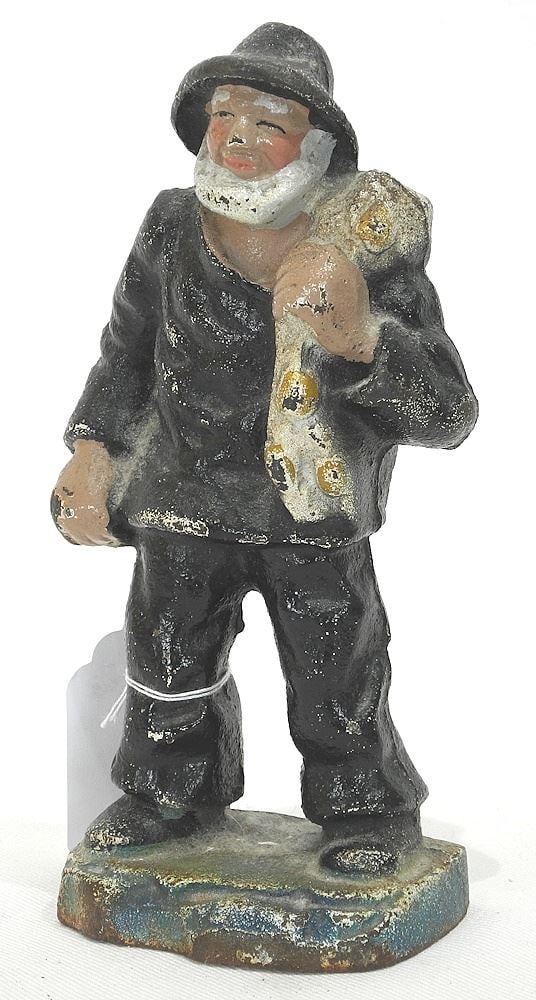 Vintage Painted Cast Iron "Fisherman " Door Stop, 6"h.: Vintage Painted Cast Iron "Fisherman " Door Stop, 6"h.