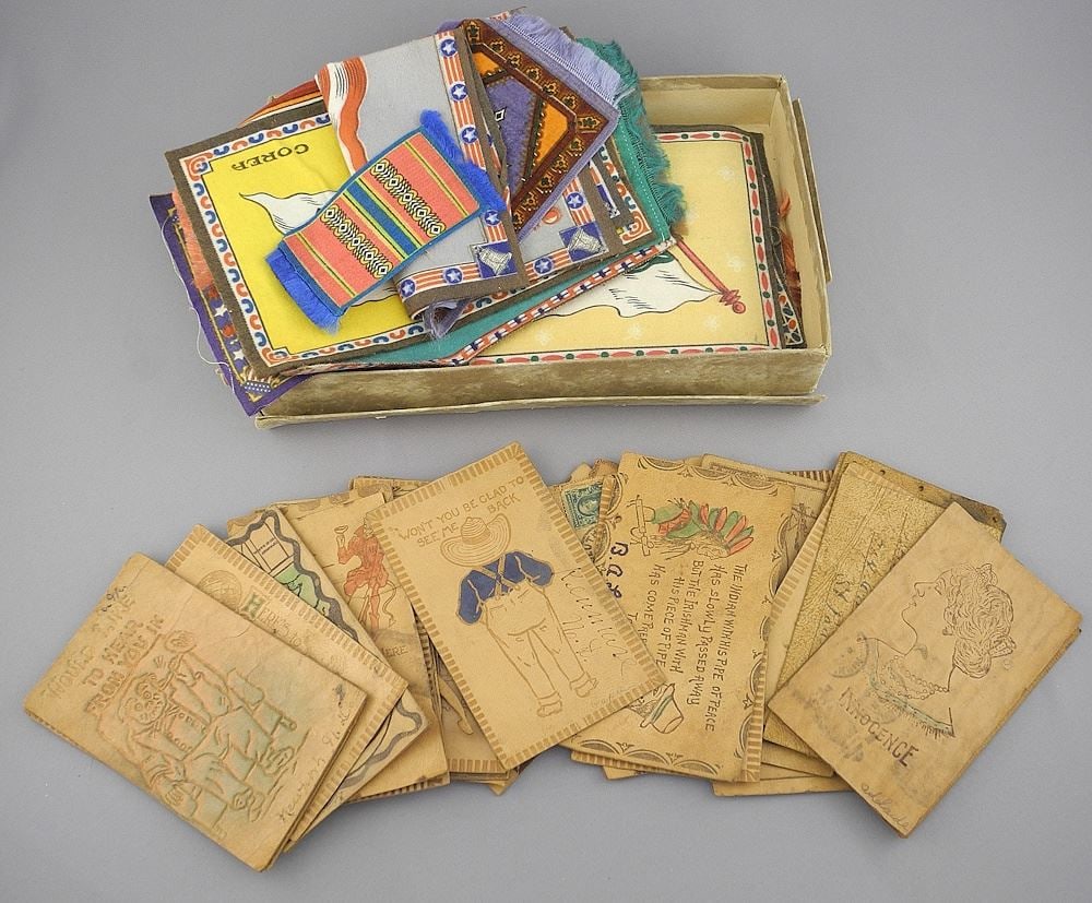 Collection of Leather Postcards C. 1900 & Early Felt National Flags Including Corea. (1 of 3)