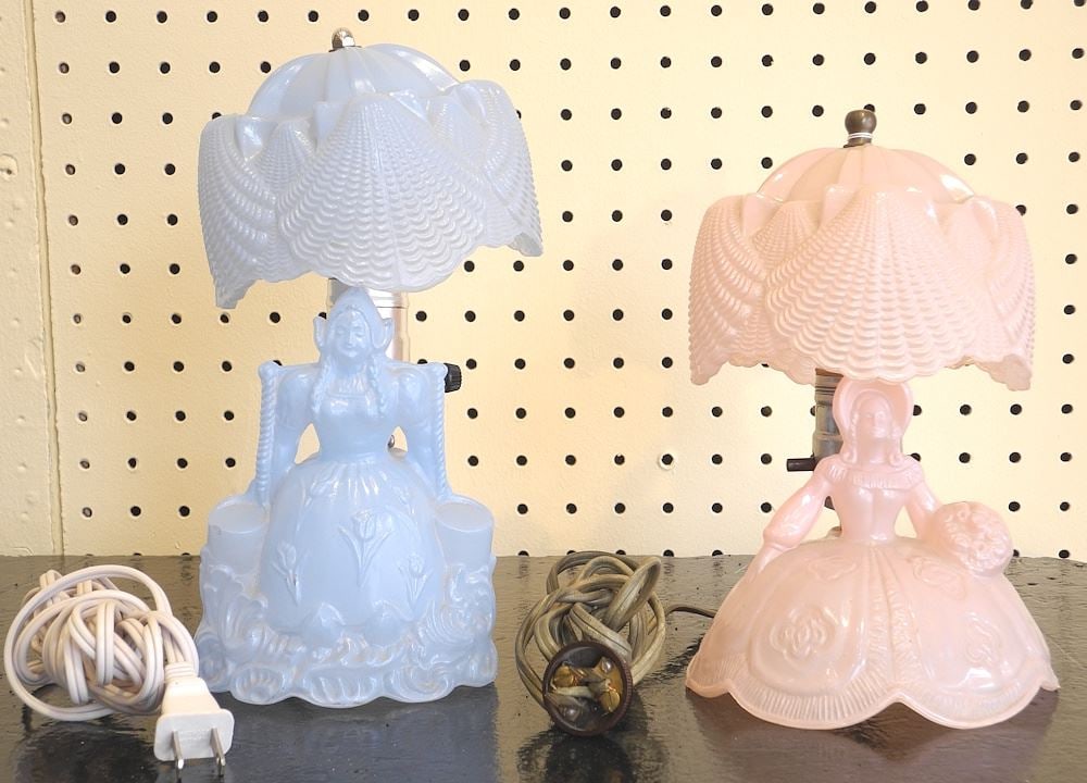 Pair of 1950's Pink & Blue Glass Beside Lamps, 8 1/2"h.: Pair of 1950's Pink & Blue Glass Beside Lamps, 8 1/2"h.
