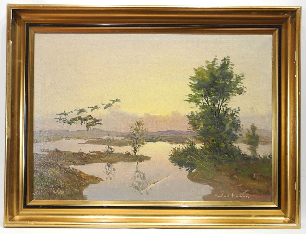Oil on Canvas Possibly signed Koejad Hansen, 18 x 25 1/2", "Ducks Taking Flight" (tear noted). (1 of 4)