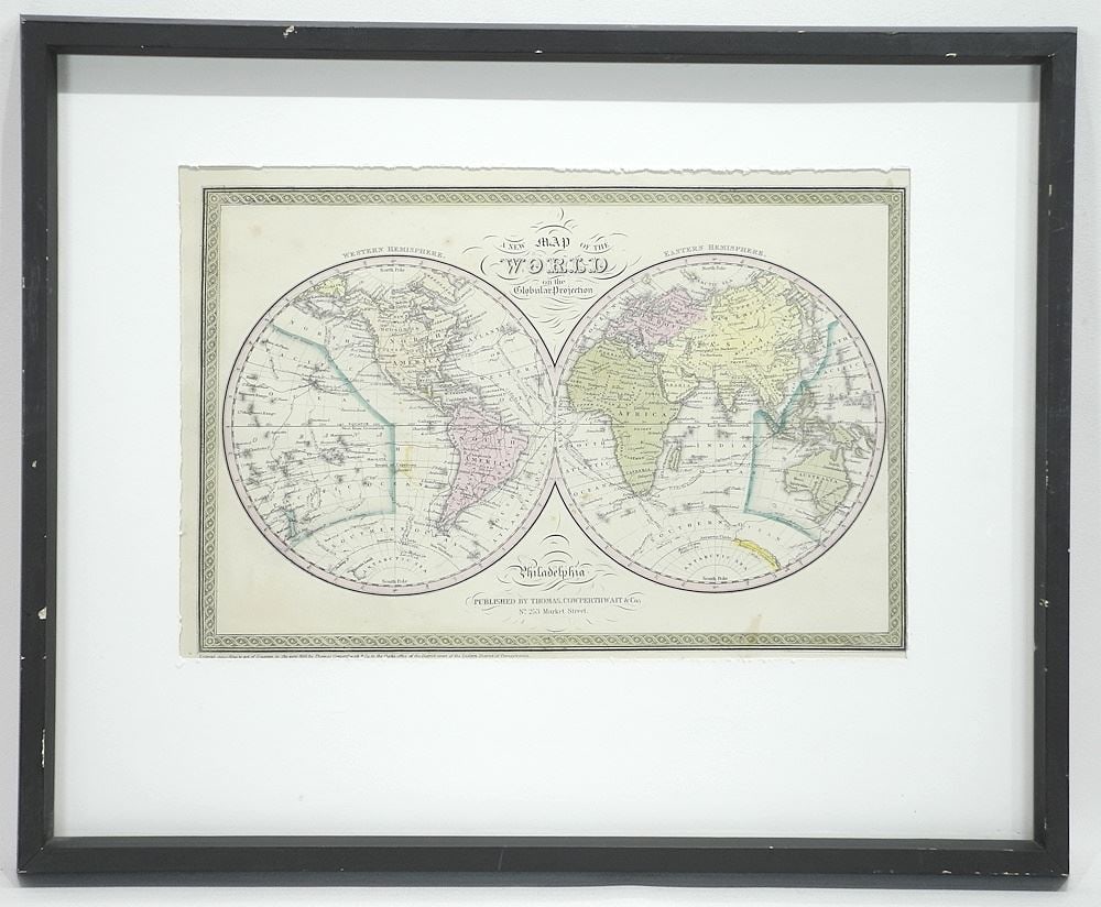 Antique Map: "New Map of the World", T.Cowperthwait & Co., 1850, 10 x 14" Foxing: Antique Map: "New Map of the World", T.Cowperthwait & Co., 1850, 10 x 14" Foxing