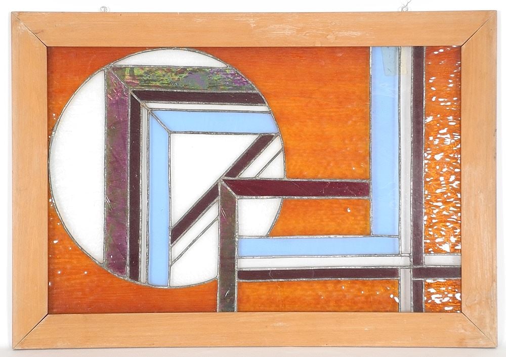 Modernist Leaded Glass Panel, Framed , 34" x 23 1/2" (cracks noted).: Modernist Leaded Glass Panel, Framed , 34" x 23 1/2" (cracks noted).